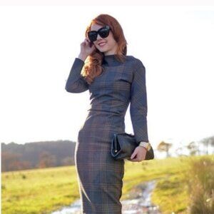 ZARA Pencil Wiggle Checked Tartan Midi Fitted Boatneck Dress M